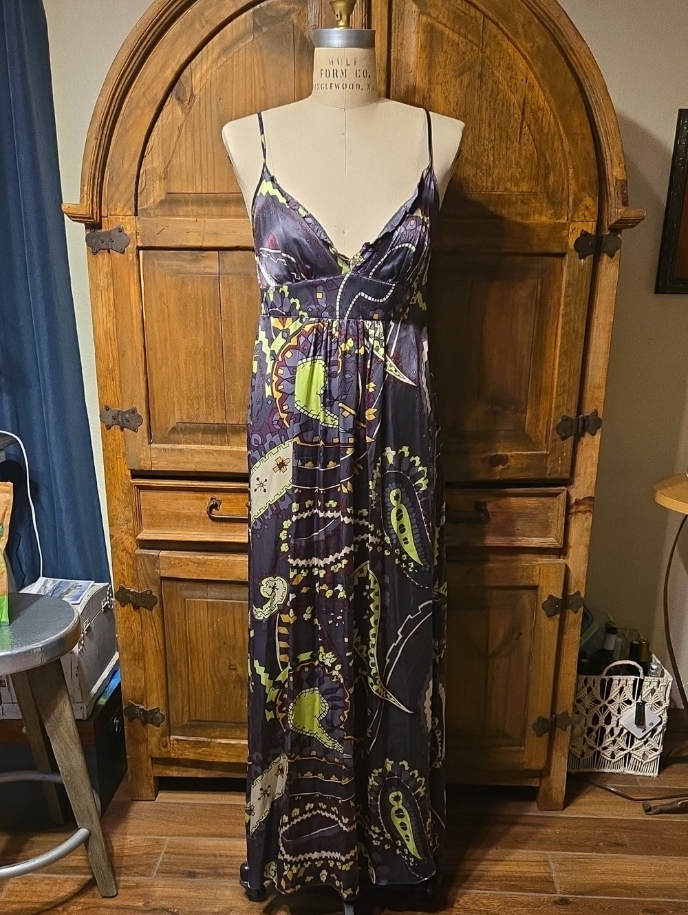 hinge Purple Paisley Maxi Dress with Lime Accents